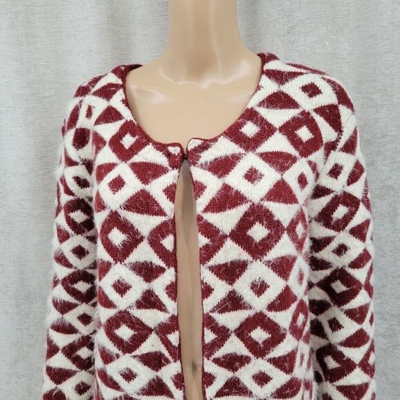 Carapace Longline Cardigan Maroon and White Geometric Aztec Pattern Women's S - Picture 6 of 12